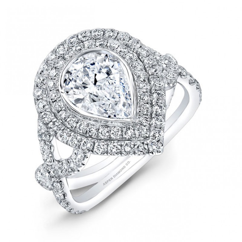 Pear Shaped Diamond Double Halo Engagement Ring in Platinum
