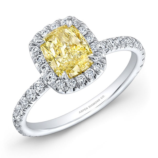 Cushion Cut Yellow Diamond Engagement Ring 18K White Gold Bridal