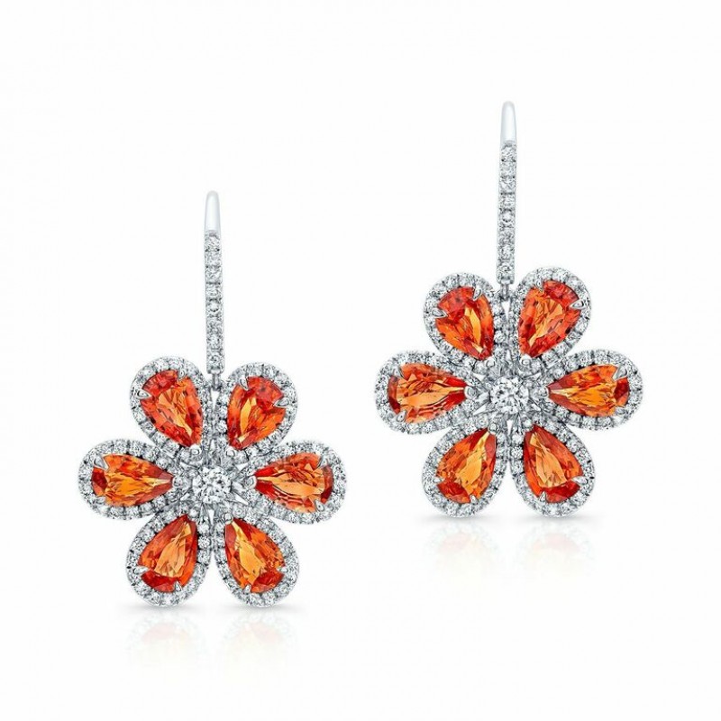 Orange and Sapphire Diamond Wild Flower Earrings in 18K White Gold