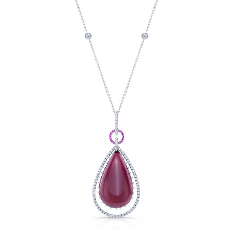 Rubellite Tourmaline Diamond and Ruby Pendant in 18K White Gold