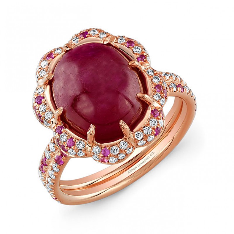 Cabochon Ruby, Pink Sapphire and Diamond Ring in 18K Rose Gold