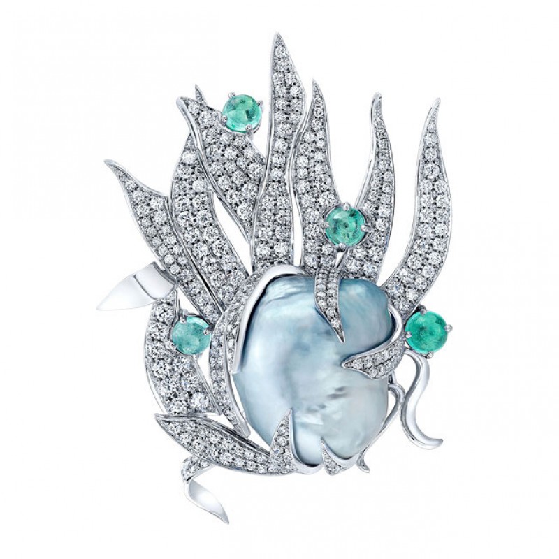 Blue Pearl Brooch with Diamond Leaves and Paraiba Tourmaline in 18K White Gold